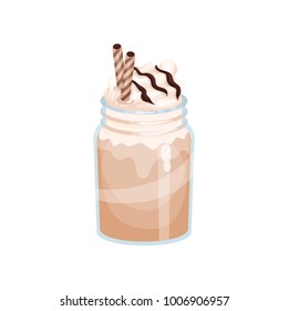 Chocolate or mocha milk smoothie, refreshment beverage in mason jar cartoon vector Illustration