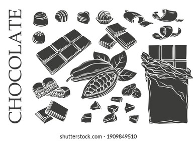 Chocolate monochrome glyph icons set. Silhouette candy, Cocoa Beans, Chips, and Chocolate Bar for confectionery products shop. Vector illustration.