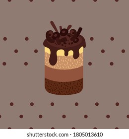 tarta de mousse de chocolate sobre fondo marrón con puntos patrón de costura