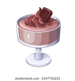 Chocolate mousse, French cartoon dessert. Portion of gourmet cream souffle in glass bowl with swirl and chocolate slice on top. Cuisine of France mascot, cartoon sweet food vector illustration