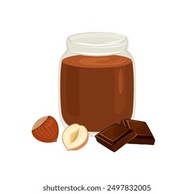 Mousse de chocolate con avellanas. Tarro con pasta dulce aislado sobre fondo blanco. Ilustración plana de dibujos animados de Vector.