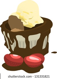 Chocolate mud cake with vanilla ice cream and strawberry