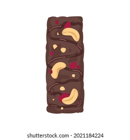 Chocolate muesli bar with peanuts and pieces of dried cherries and candied fruits. An organic vegan dessert, gluten free. Sports nutrition. Vector isolated on white background