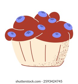 Chocolate muffin with blueberries, classic dessert for snack, breakfast. Vector illustration, flat hand drawn style with texture. Baked food for sticker, bakery, cafe shop. Isolated background