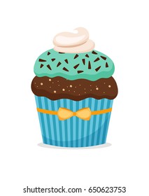 Chocolate muffin or brownie cupcake with blue frosting. Birthday vector icon on white background