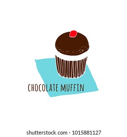 Chocolate muffin, cake, cupcake. Hand drawn Vector Illustration.