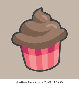 chocolate muffin cake with outline flat vector design.