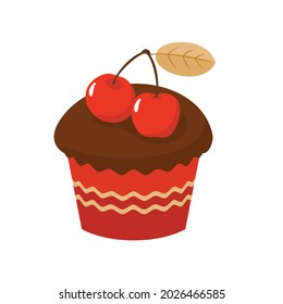 Muffin de chocolate con cerezas en una envoltura roja. Vector clipart, fondo blanco.