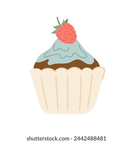 Chocolate muffin with cream and raspberries. Cupcake in flat style. Festive dessert. Pastry.