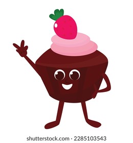 A chocolate muffin with cream and strawberries is smiling and has a happy look. Sweets in the form of funny creatures. Character design in cartoon style isolated on white background.