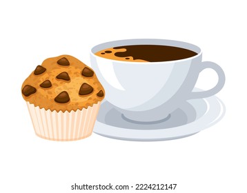 Chocolate muffin and cup of coffee icon vector. Chocolate chip muffin  and black coffee drink icon vector isolated on a white background. Sweet breakfast still life