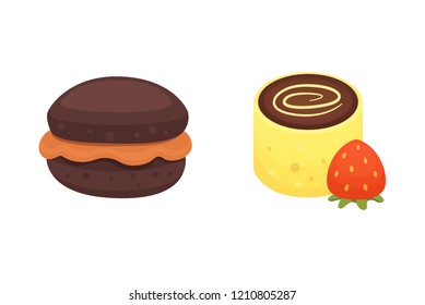 chocolate muffin and dessert roll bakery products. Sweet cupcake vector illustration.