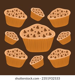 Ilustración vectorial plana de muffin de chocolate. Ilustración vectorial de microplaquitas de chocolate para diseño gráfico y elemento decorativo