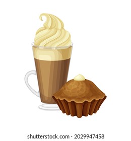 Chocolate Muffin and Glass of Hot Chocolate Drink with Whipped Cream Vector Illustration