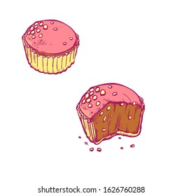 Chocolate muffin with icing and nuts that was bitten off piece. Vector outline sketch illustration isolated on white background.