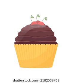 Chocolate muffin icon. Sweets, confectionery factory and candy shop menu. Cupcake with cherry, delicacy or dessert. Graphic element for website or print on clothes. Cartoon flat vector illustration