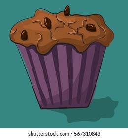 Chocolate muffin isolated on background. Traditional breakfast. Vector cartoon food icon.