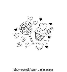 Chocolate muffin. Marshmallows. Lollipop. Hearts. Stickers. Isolated vector objects.