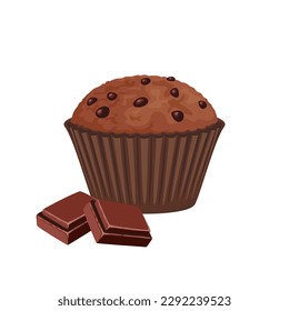 Chocolate muffin with chocolate pieces isolated on white background. Vector cartoon illustration of sweet cupcake.