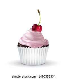 Chocolate muffin with pink cream and cherry Isolated on a white background. Tasty dessert, sweetness, surprise, birthday. Vector illustration. EPS10