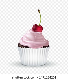 Chocolate muffin with pink cream and cherry Isolated on a transparent background. Tasty dessert, sweetness, surprise, birthday. Vector illustration. EPS10