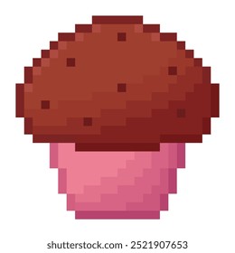 chocolate muffin pixel art, cupcake with chocolate chip, 80s, 90s old arcade game style, item for game or mobile app, game asset, 8 bit, vector illustration