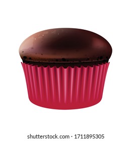 Chocolate muffin realistic vector illustration. Flour confection, sweet stuff, bakery. Sugary pastry in pink baking cup. Homemade cocoa cupcake 3d isolated object on white background