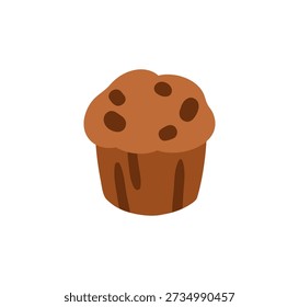 Chocolate muffin. Small sponge cupcake, choco pastry. Soft sweet dessert, baked food, snack. Tasty cup cake, patisserie. Flat vector illustration isolated on white background
