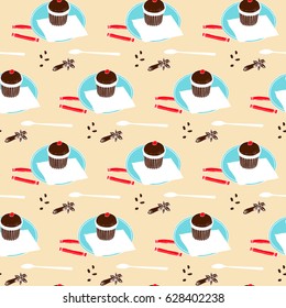 Chocolate muffin, spoon, spices, coffee beans and sugar. Seamless pattern under the mask.