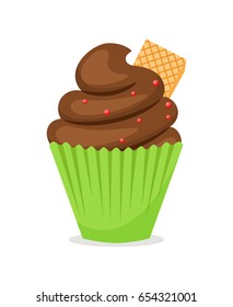 Chocolate muffin with wafer on top. Vector cupcake icon on white background