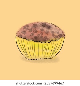 chocolate muffin with yellow cup on a brown background