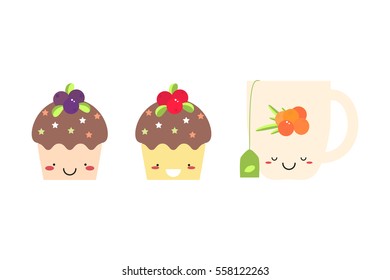 Chocolate muffins and Cup of  green Tea. Vector illustration.