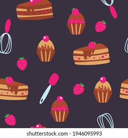 Chocolate muffins, pieces of cream cake and silicone kitchen spatula, whisk seamless pattern on dark blue background. Cartoon childrens style illustration for textiles, clothing, packaging.