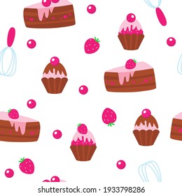 Chocolate muffins, muffins and pieces of raspberry cream cake seamless pattern on white background. Cartoon childrens style illustration for textiles, clothing, packaging, kitchen themes. 