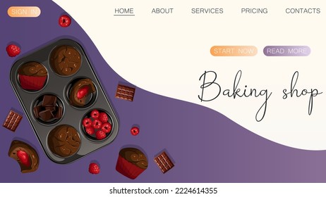 Muffins de chocolate con frambuesa aislada. Panadería, panadería, cocina, productos dulces, postre, pastelería. Ilustración vectorial para afiches, banner, sitio web, publicidad