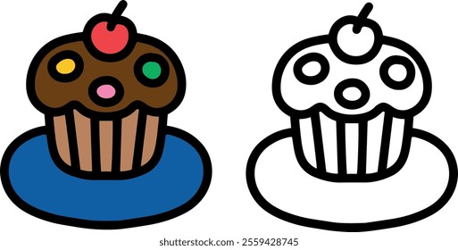 Chocolate muffins topped with cherries. Christmas concept. Simple icons, characters, clipart with bold black lines. Vector.