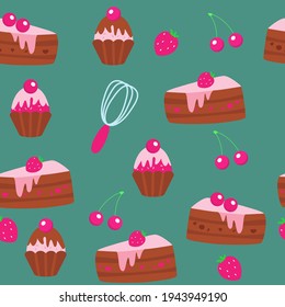 Muffins de chocolate bajo frambuesa y fresa con cerezas y fresas, trozos de pastel de chocolate bajo crema de arboleda en un fondo turquesa. Patrón sin foco en el estilo de las caricaturas.
