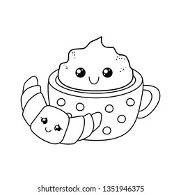 chocolate mug with croissant kawaii characters