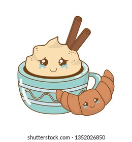 chocolate mug with croissant kawaii characters