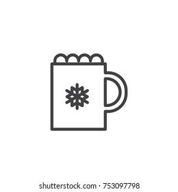 Chocolate mug with snowflake line icon, outline vector sign, linear style pictogram isolated on white. Cup of hot drink symbol, logo illustration. Editable stroke