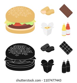 Chocolate, noodles, nuggets, sauce.Fast food set collection icons in cartoon,black style vector symbol stock illustration web.