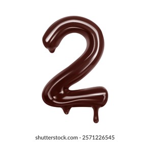 Chocolate number 2 with choco flow for font or sweet candy type, realistic vector. Chocolate number Two 2 with liquid flow drops or choco melt drips for dessert typeface or candy font of caramel syrup