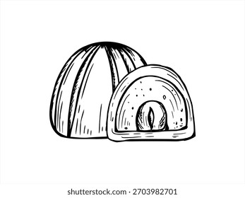 Chocolate nut candies of cross section, whole with fillings inside vector isolated line art black ink illustration. Monochrome hand drawn sweets with dark chocolate, cream and hazelnuts nut kernel.