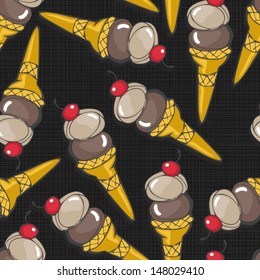 chocolate nuts ice cream in cones with red cherry messy dessert colorful sweet seamless pattern on dark background
