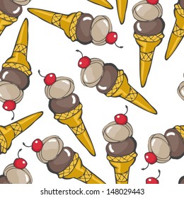 chocolate nuts ice cream in cones with red cherry messy dessert colorful sweet seamless pattern on white background