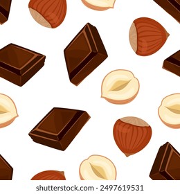 Chocolate and nuts vector background. Pieces of dark  chocolate bar and hazelnuts seamless pattern. Cartoon illustration.