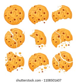 Chocolate oatmeal cookie. Sweet biscuit, small baked, crisp pastry with crush fragments. Vector flat style cartoon cookie illustration isolated on white background