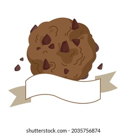 Chocolate oatmeal cookies with a ribbon for the text. Decorative flag with place for text in beige and brown colors. Dessert cookie icon, vector isolate on white.