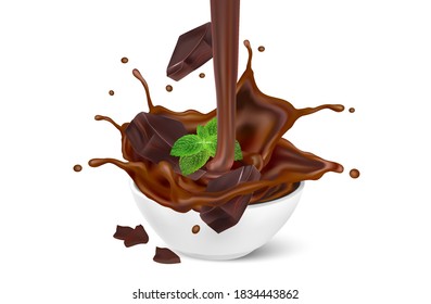 Chocolate on white cup splashing in the middle isolated on white background, Vector realistic in 3d illustration.