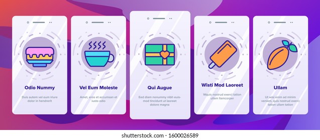 Chocolate Onboarding Mobile App Page Screen Vector. Chocolate Cookies And Candy, Ice Cream And Cake, Hot Drink And Cocoa Bean Illustrations